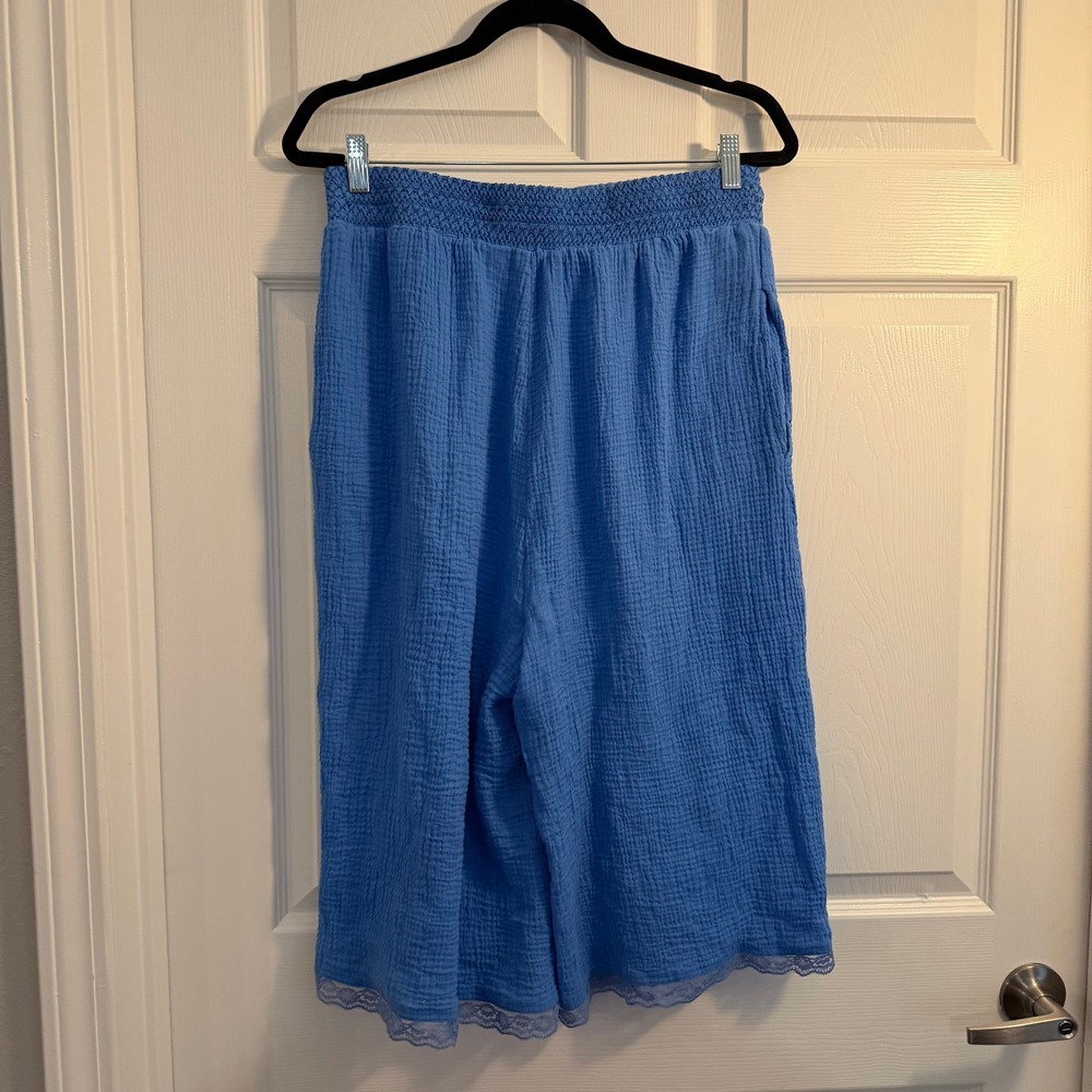 Anthropologie Celandine Gauze Culotte Pants Blue Large Boho Lace Trim Casual - Picture 4 of 6